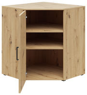 Eckkommode aus Holz mit geöffneter Tür, zeigt zwei Regalböden, Perspektive von vorne.