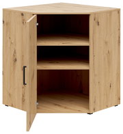 Eckkommode aus Holz mit geöffneter Tür, zeigt zwei Regalböden, Perspektive von vorne.
