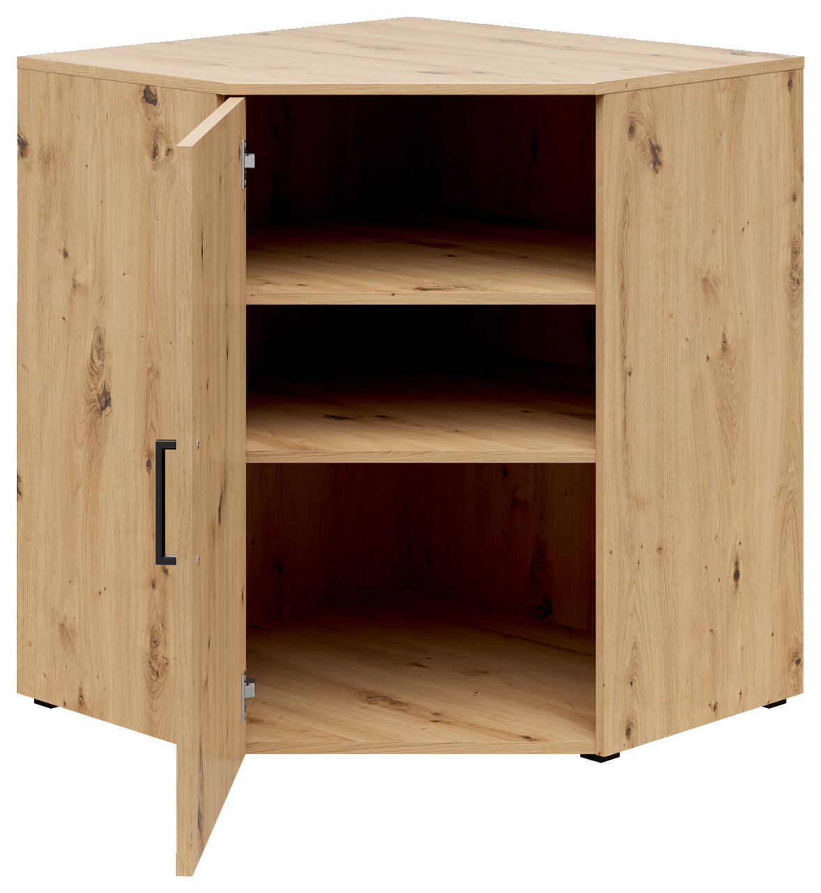 Eckkommode aus Holz mit geöffneter Tür, zeigt zwei Regalböden, Perspektive von vorne.