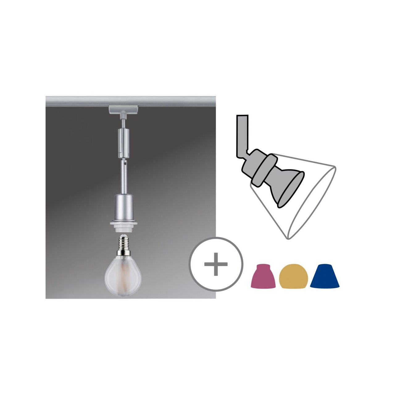 Basispendel mit Glühbirne, seitliche Perspektive, mit verschiedenen Schirmoptionen in Rosa, Gelb und Blau.