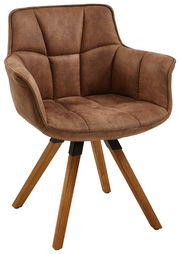 Brauner Sessel mit gepolstertem Sitz und Rückenlehne, Holzbeine, Vorderansicht