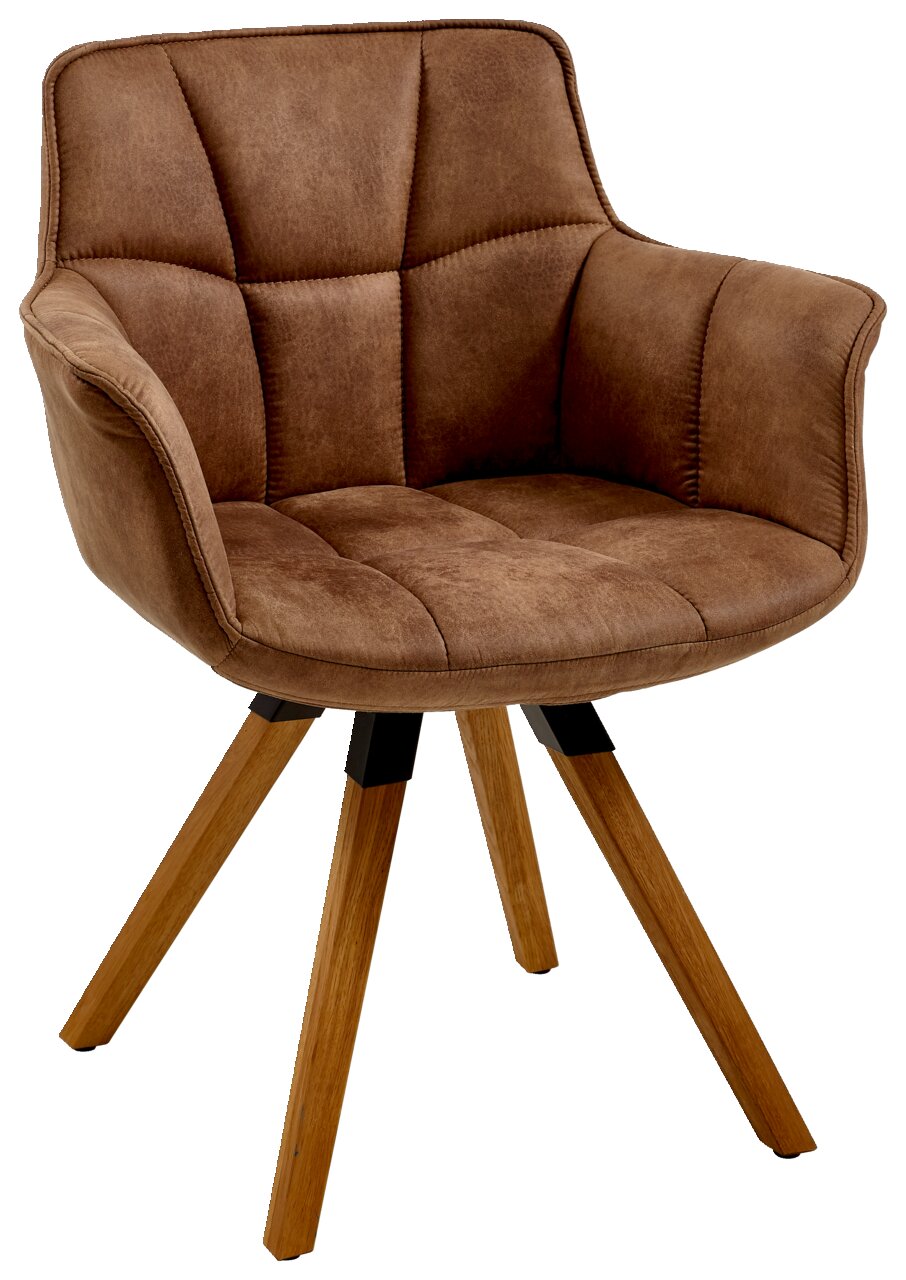 Brauner Sessel mit gepolstertem Sitz und Rückenlehne, Holzbeine, Vorderansicht