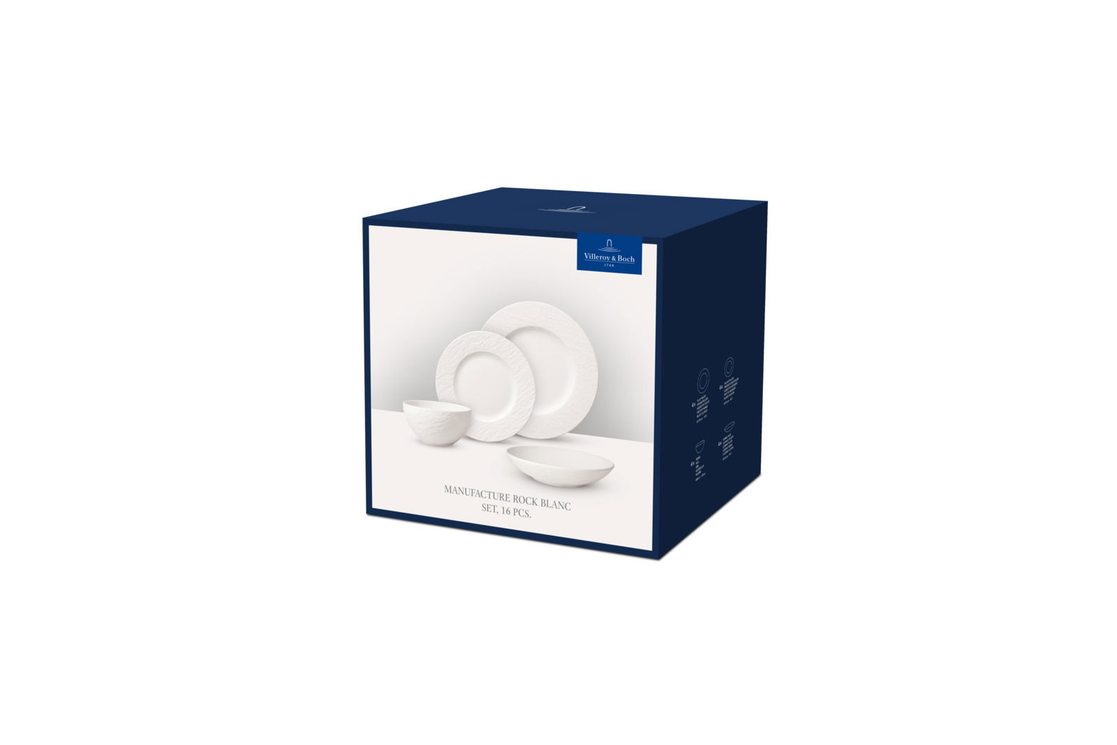 Verpackung des 16-teiligen Tafelservice 'Manufacture Rock Blanc' von Villeroy & Boch, schräg von vorne fotografiert.