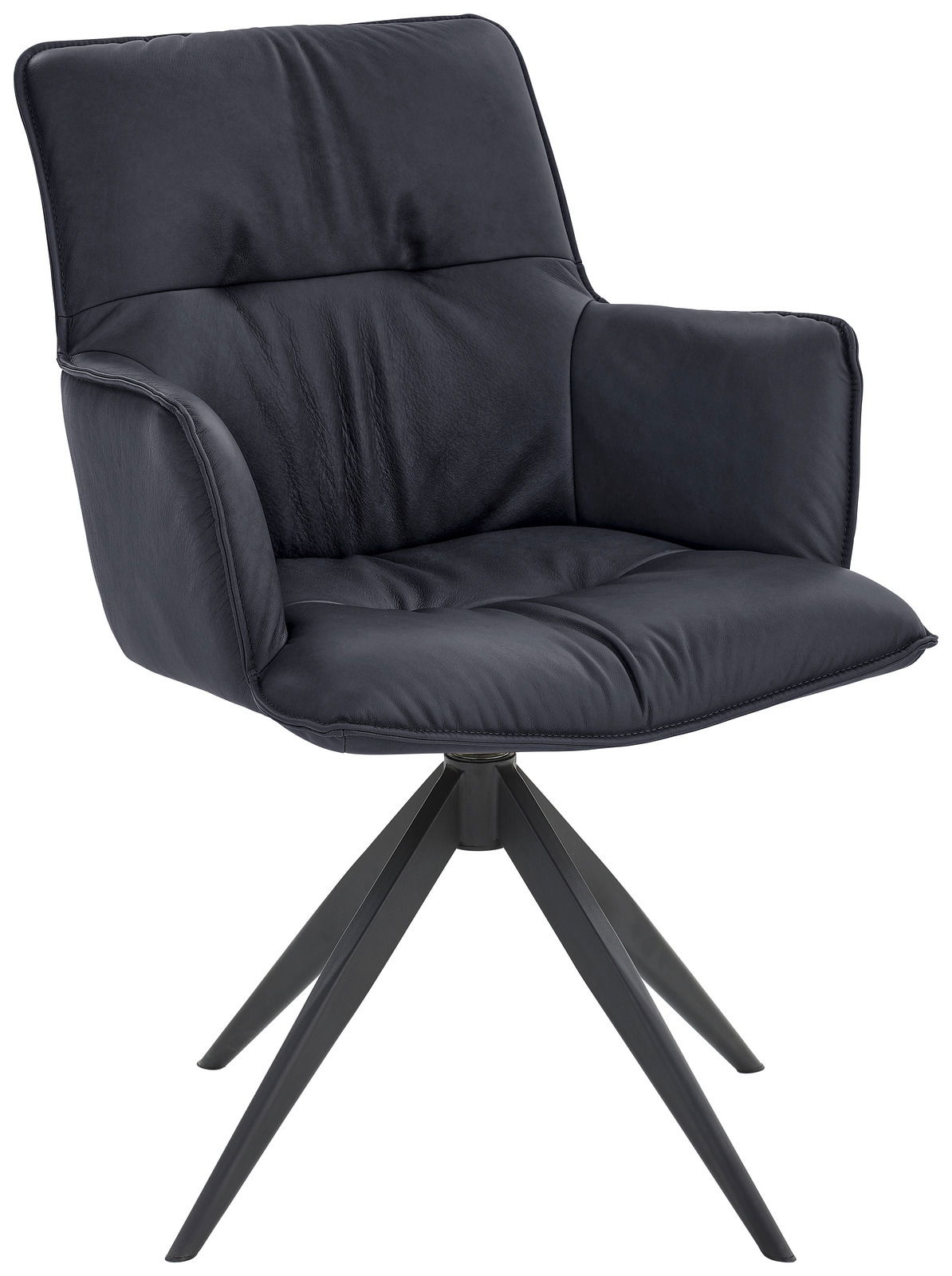 Moderner Design-Schalensessel in dunklem Leder mit vierbeiniger Metallbasis, seitliche Perspektive