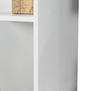 Nahaufnahme eines weißen Regals mit einem dekorativen Karton auf einem der Regalböden, seitliche Perspektive.