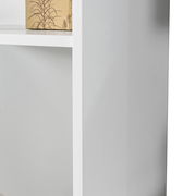 Nahaufnahme eines weißen Regals mit einem dekorativen Karton auf einem der Regalböden, seitliche Perspektive.