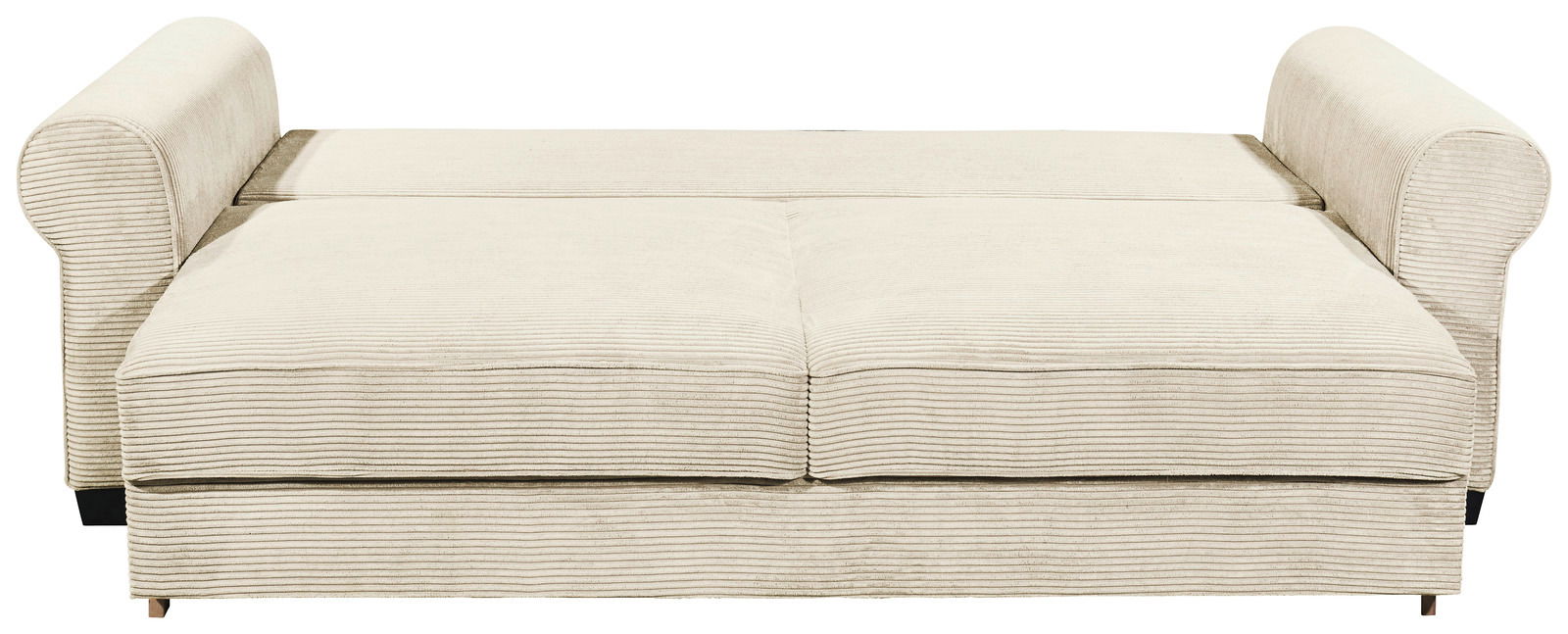 Beiges Funktionssofa mit Armlehnen, von vorne betrachtet.