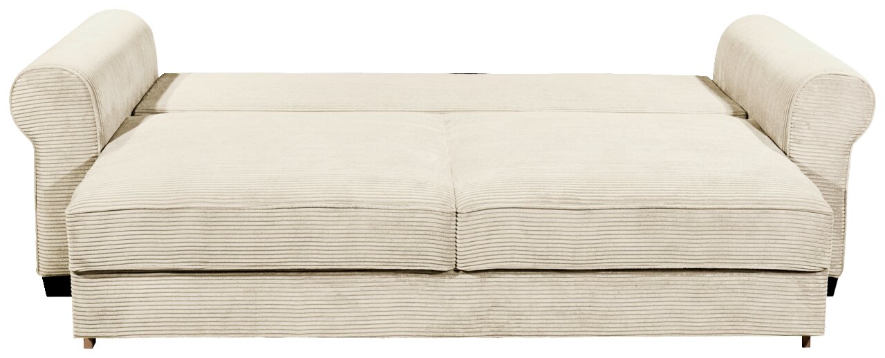 Beiges Funktionssofa mit Armlehnen, von vorne betrachtet.