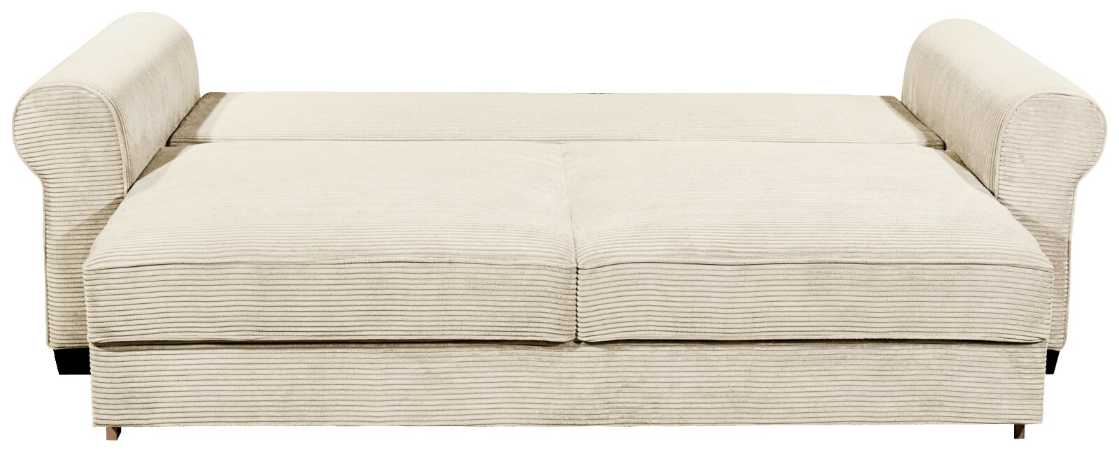 Beige functionele bank met armleuningen, gezien vanaf de voorkant.