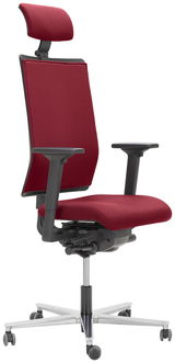 Ergonomischer roter Drehstuhl mit Kopfstütze und Armlehnen, seitliche Perspektive