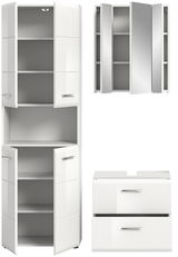 Weiße Badkombination mit Hochschrank, Spiegelschrank und Unterschrank, Frontalansicht