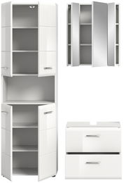 Weiße Badkombination mit Hochschrank, Spiegelschrank und Unterschrank, Frontalansicht