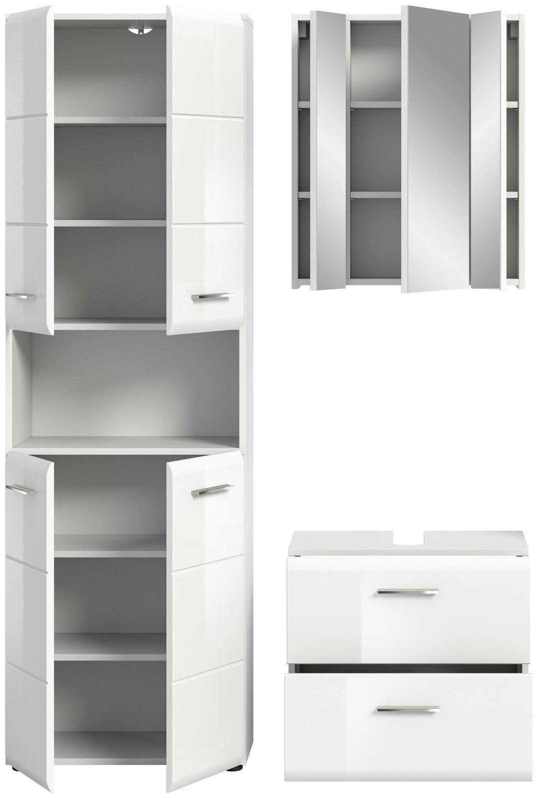 Weiße Badkombination mit Hochschrank, Spiegelschrank und Unterschrank, Frontalansicht