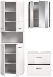 Weiße Badkombination mit Hochschrank, Spiegelschrank und Unterschrank, Frontalansicht