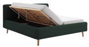 Polsterbettgestell in dunklem Grün mit hochgeklappter Matratze, seitliche Perspektive