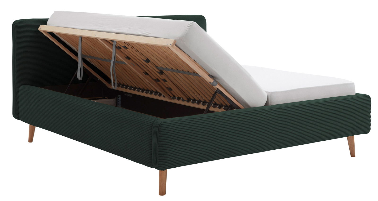 Polsterbettgestell in dunklem Grün mit hochgeklappter Matratze, seitliche Perspektive