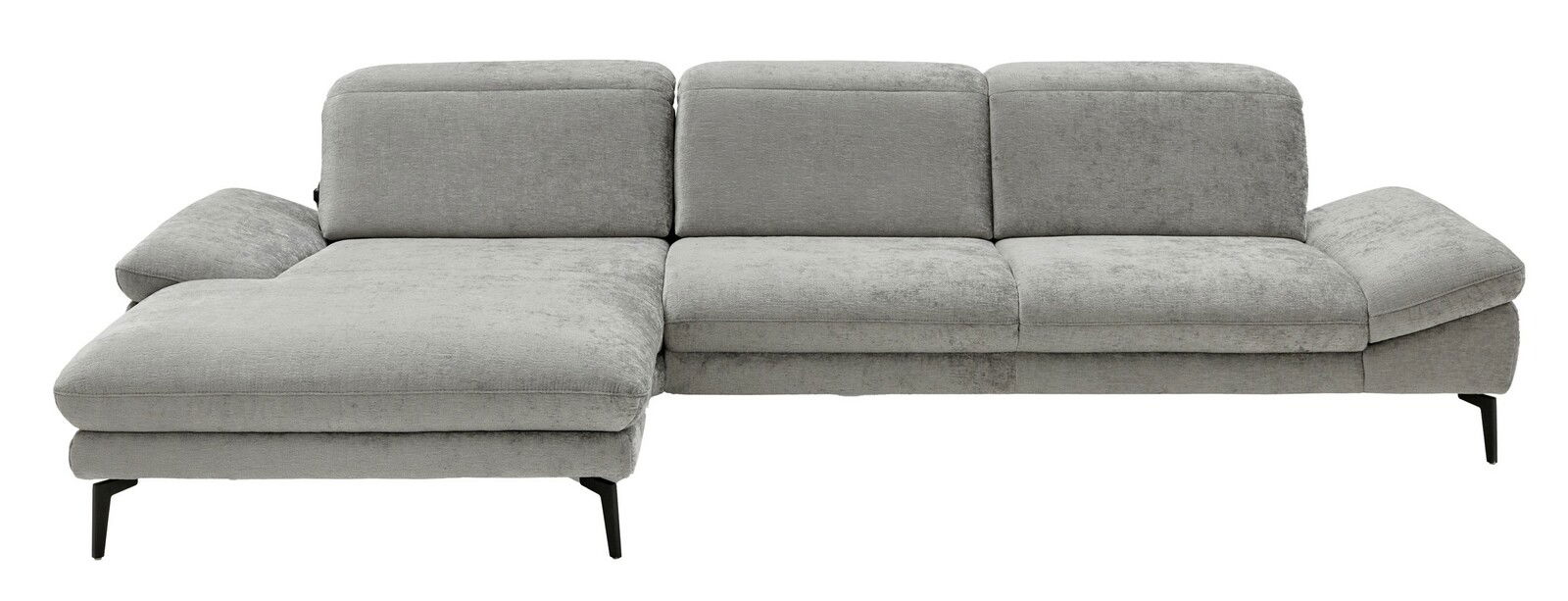 Graue Longchairkombination mit drei Sitzplätzen und einer Liegefläche links, frontal betrachtet.