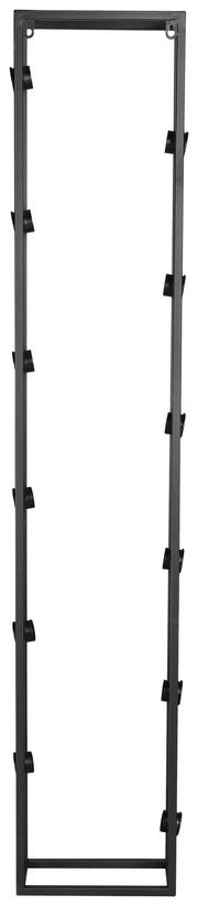 Großes, schwarzes Weinregal aus Metall mit seitlichen Halterungen, frontal abgebildet.