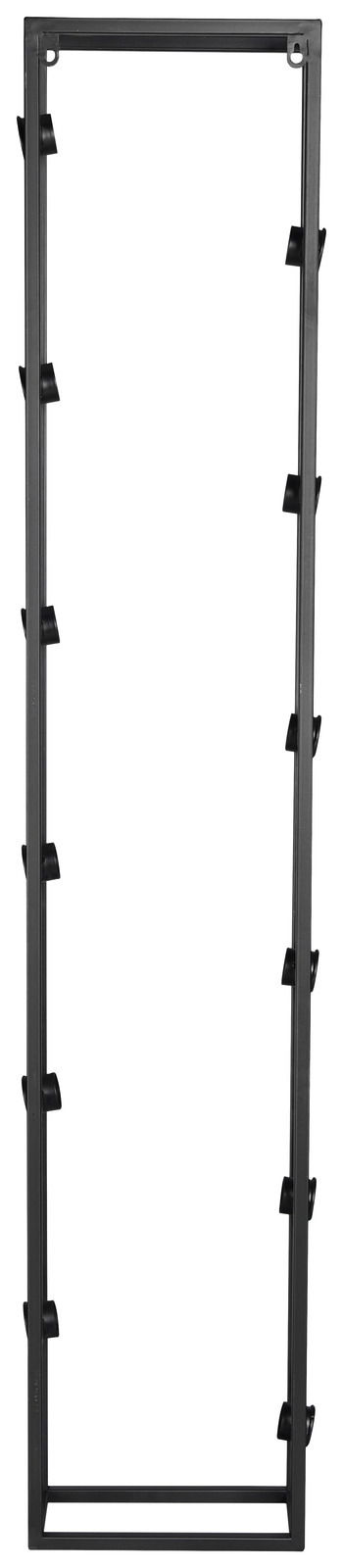 Großes, schwarzes Weinregal aus Metall mit seitlichen Halterungen, frontal abgebildet.