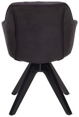 Rückansicht eines modernen schwarzen Stuhls mit vier Beinen und gepolsterter Rückenlehne.