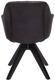 Rückansicht eines modernen schwarzen Stuhls mit vier Beinen und gepolsterter Rückenlehne.