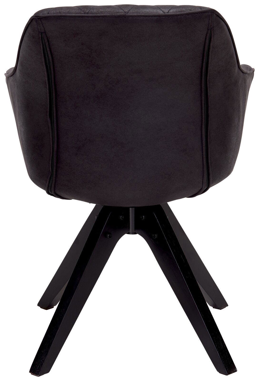 Rückansicht eines modernen schwarzen Stuhls mit vier Beinen und gepolsterter Rückenlehne.