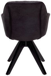 Rückansicht eines modernen schwarzen Stuhls mit vier Beinen und gepolsterter Rückenlehne.