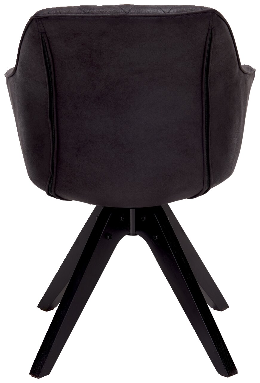 Rückansicht eines modernen schwarzen Stuhls mit vier Beinen und gepolsterter Rückenlehne.