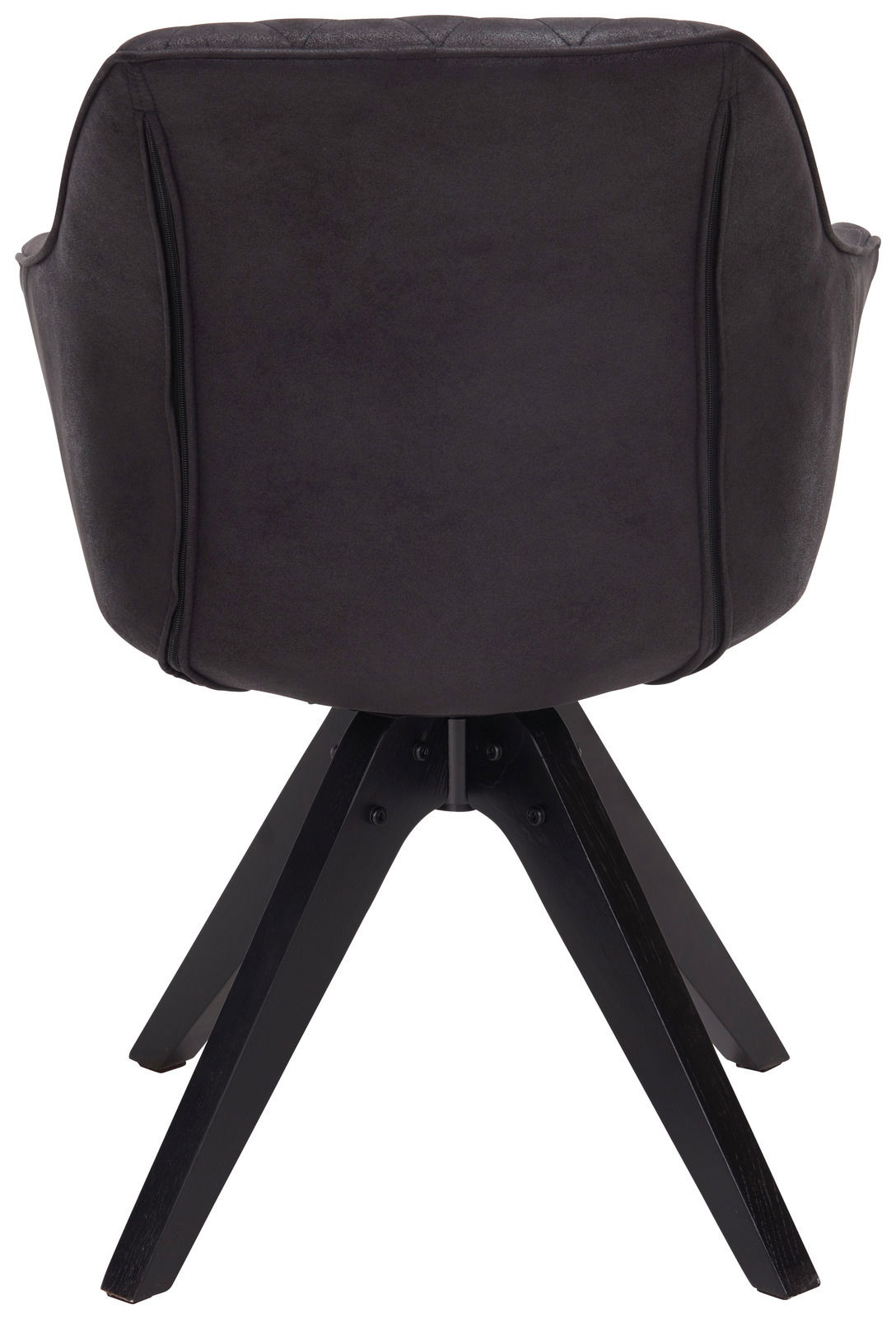 Rückansicht eines modernen schwarzen Stuhls mit vier Beinen und gepolsterter Rückenlehne.