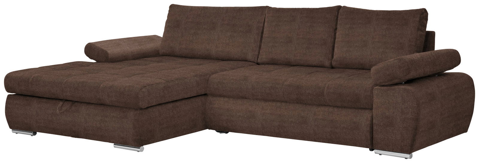 Braune Ecksofa mit Ottomane links, Ansicht von vorne.