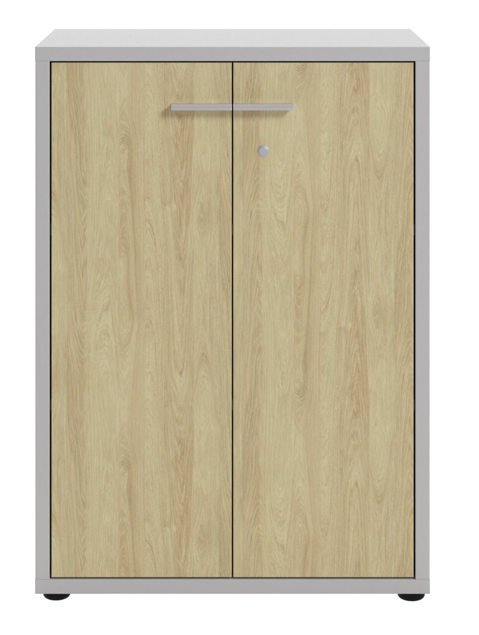 Aktenschrank mit Holzoptik und zwei Türen, Frontalansicht