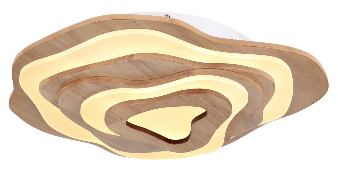 Moderne Deckenleuchte aus Holz mit geschichteten, organischen Formen und warmem Licht, seitliche Perspektive