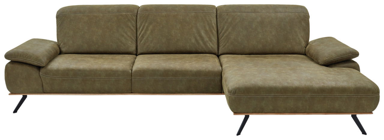 Grüne Longchairkombination mit drei Sitzplätzen und rechter Armlehne, seitliche Perspektive