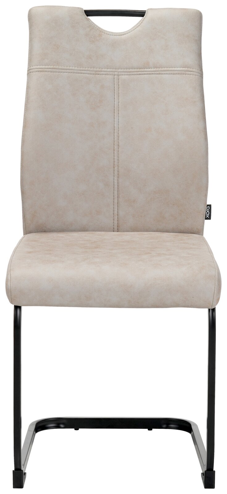 Moderner Schwingstuhl mit beigem Polster und schwarzem Metallgestell, Frontalansicht