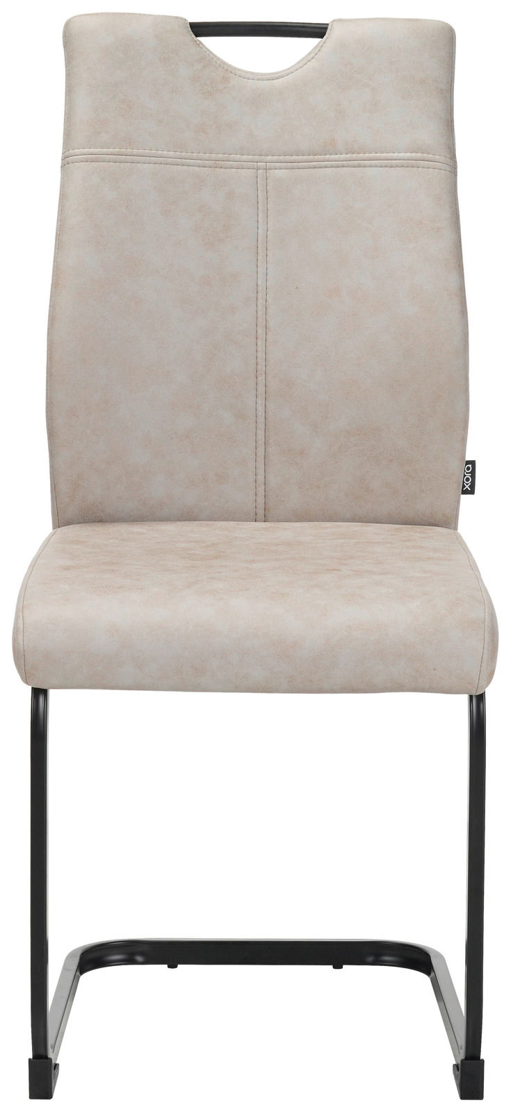 Moderner Schwingstuhl mit beigem Polster und schwarzem Metallgestell, Frontalansicht