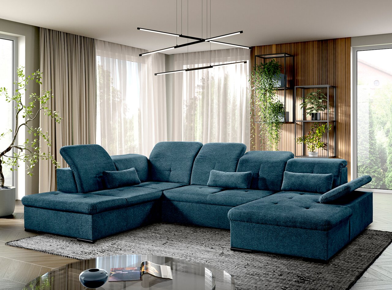 Großes, modernes U-förmiges Sofa in einem eleganten Wohnzimmer, Perspektive von vorne links.