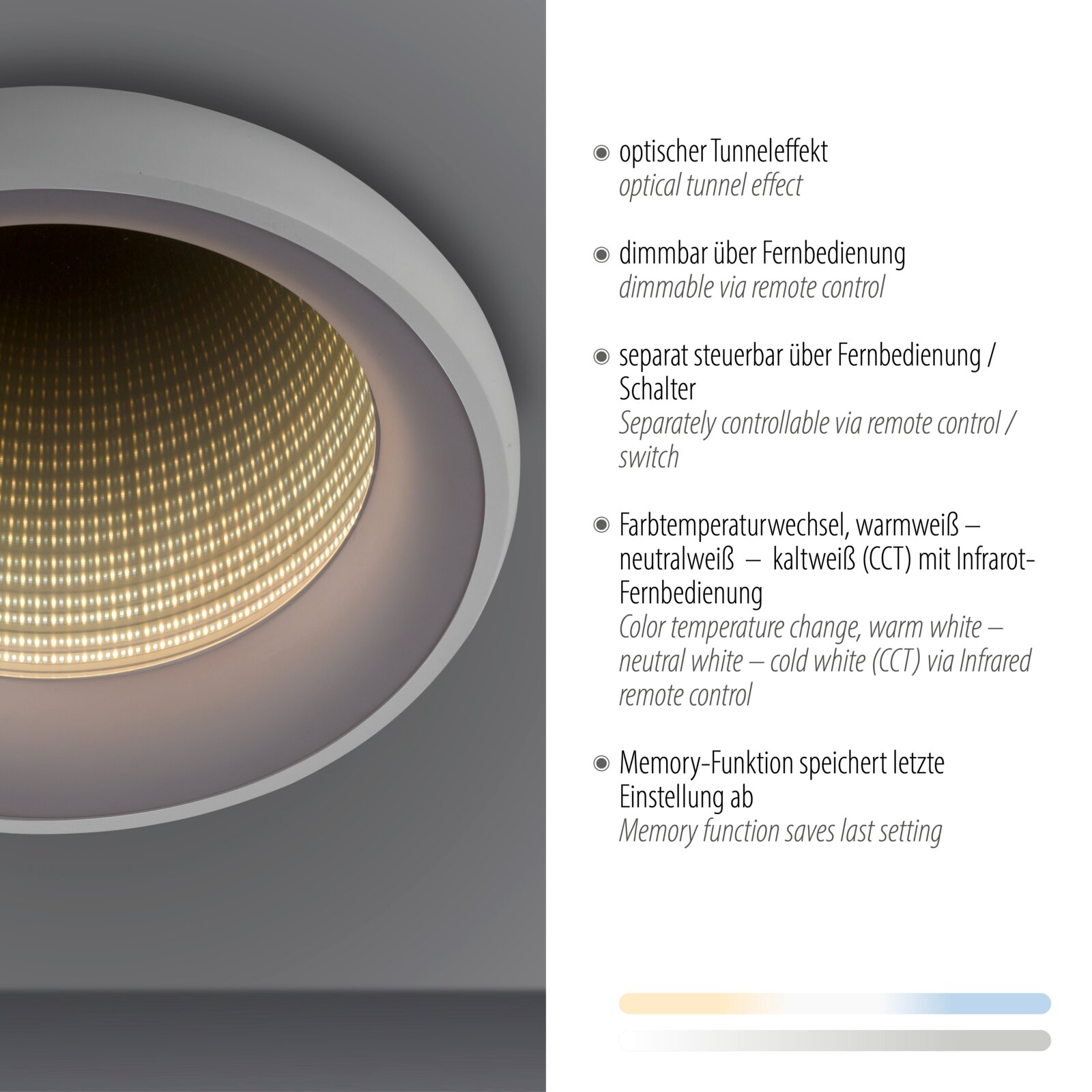 Nahaufnahme einer runden, weißen LED-Deckenleuchte mit optischem Tunneleffekt und warm leuchtender Struktur; seitliche Perspektive von schräg unten, daneben Feature-Text zu Dimmfunktion, separater Steuerung, CCT-Farbtemperaturwechsel und Memory-Funktion.
