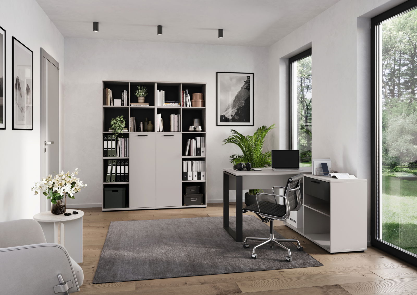 Modernes Büro mit Winkelschreibtisch und Aktenschrank, seitliche Perspektive