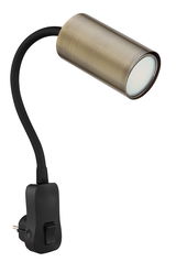 Wandleuchte in Altmessing mit flexiblem Arm und Schalter, seitliche Perspektive