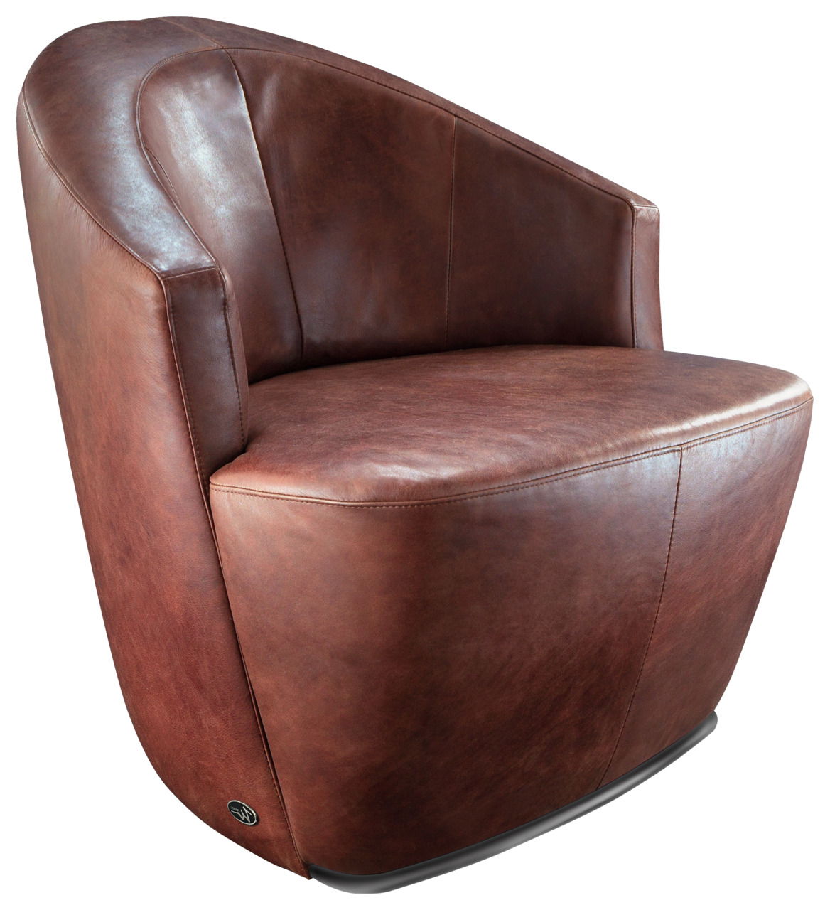 Brauner Ledersessel in Drehsessel-Design, seitliche Perspektive