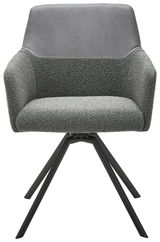 Moderner grauer Sessel mit gepolstertem Sitz und Rückenlehne, schwarzes Metallgestell, Frontalansicht