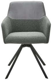 Moderner grauer Sessel mit gepolstertem Sitz und Rückenlehne, schwarzes Metallgestell, Frontalansicht