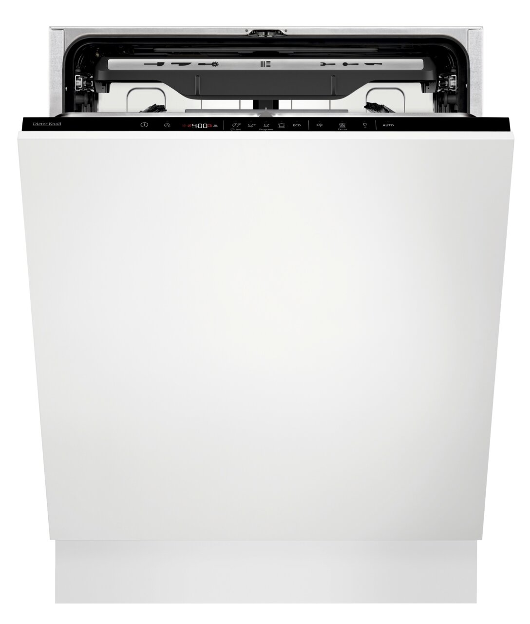 Dieter Knoll Einbaugeschirrspüler DKDT3901XK Vorderansicht eines offenen Einbaugeschirrspülers mit sichtbarem Bedienfeld und Innenraum.
