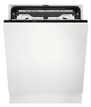 Vorderansicht eines offenen Einbaugeschirrspülers mit sichtbarem Bedienfeld und Innenraum.