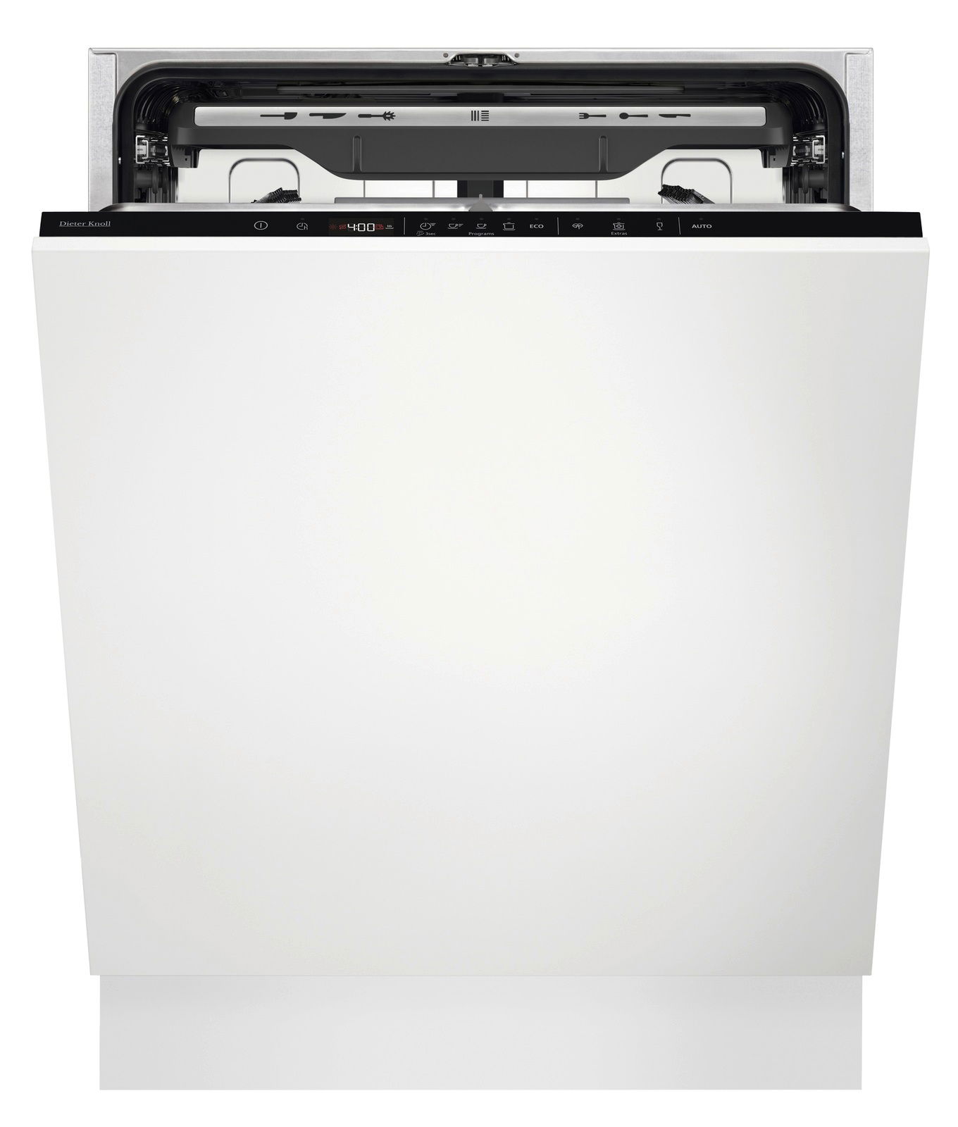 Vorderansicht eines offenen Einbaugeschirrspülers mit sichtbarem Bedienfeld und Innenraum.