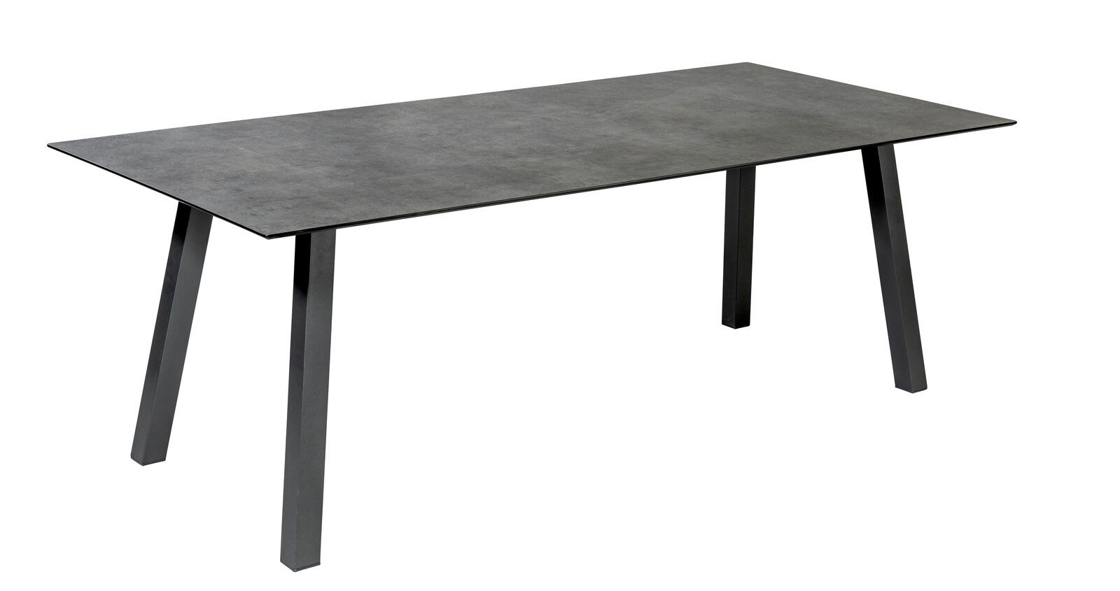 Stern Gartentisch TISCHSYSTEM INTERNO Moderner rechteckiger Gartentisch mit dunkler Tischplatte und schrägen Beinen, seitliche Perspektive