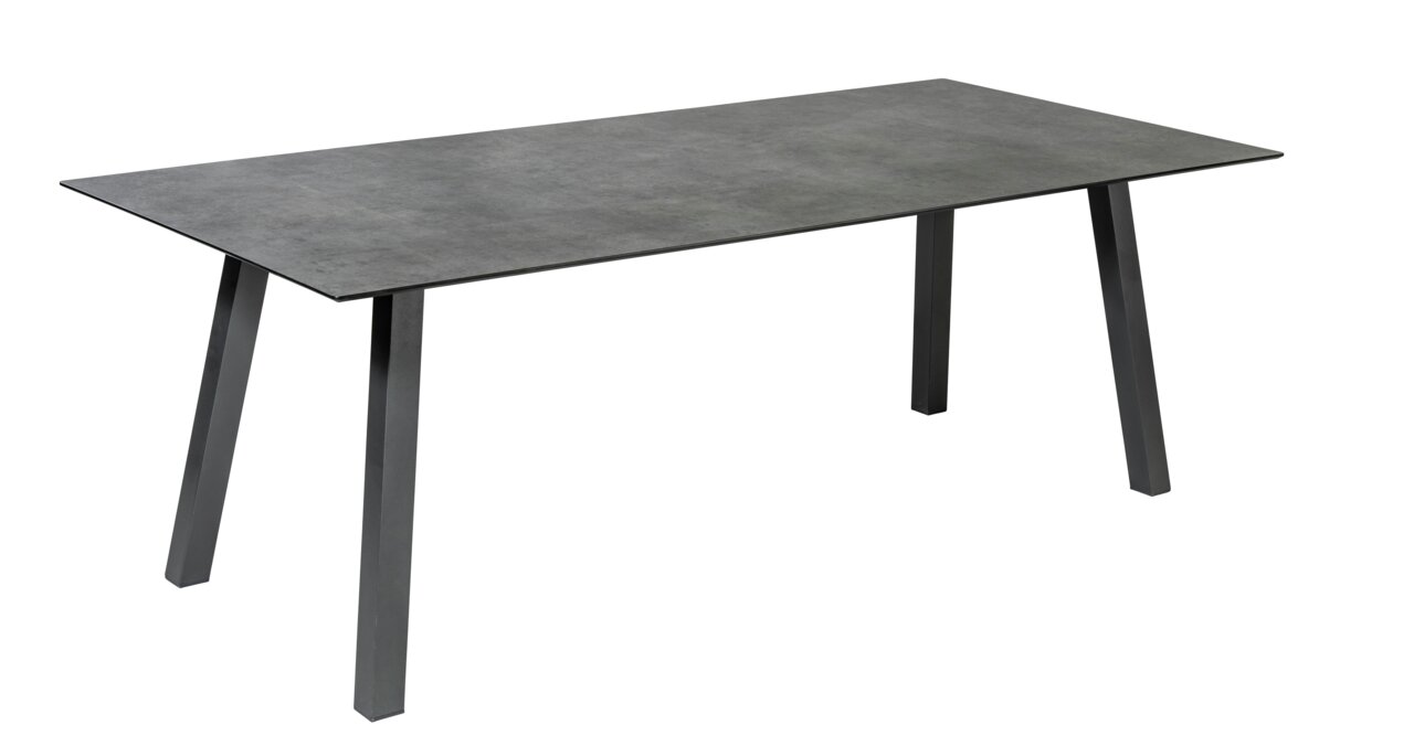 Moderner rechteckiger Gartentisch mit dunkler Tischplatte und schrägen Beinen, seitliche Perspektive
