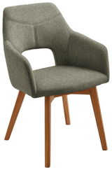 Moderner Sessel mit grauem Stoffbezug und Holzbeinen, seitliche Perspektive