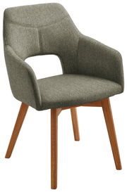 Moderner Sessel mit grauem Stoffbezug und Holzbeinen, seitliche Perspektive