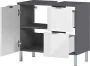 Unterschrank mit zwei weißen Schubladen und einer offenen Tür, graue Seitenwände, Ansicht von vorne.